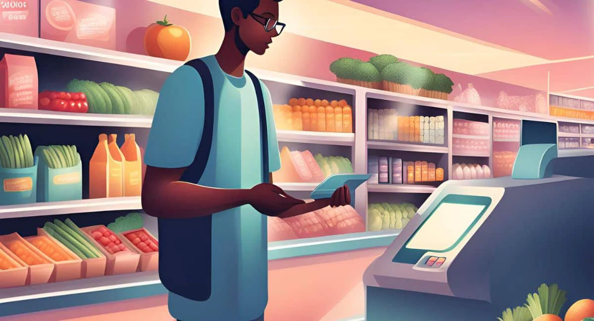 a man standing, looking at a pos erp program through their screen