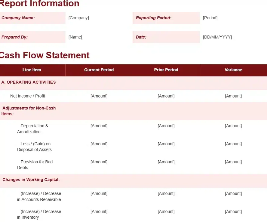 CASH FLOW ANALYSIS REPORT TEMPLATE