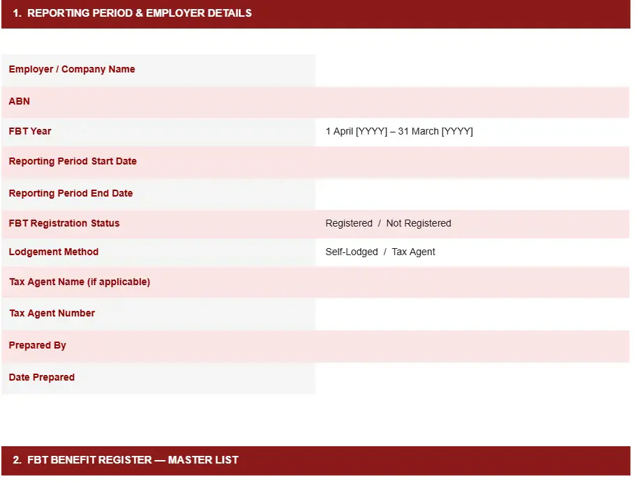 FBT REGISTER AND REPORTING TEMPLATE