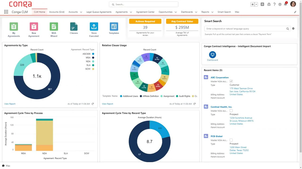 Conga contract management dashboard