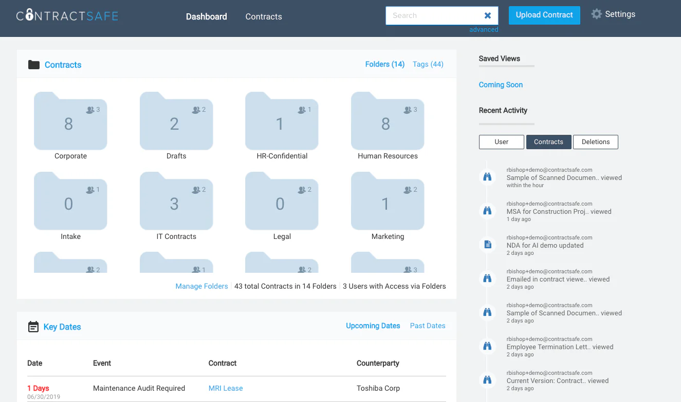 Example of ContractSafe management dashboard