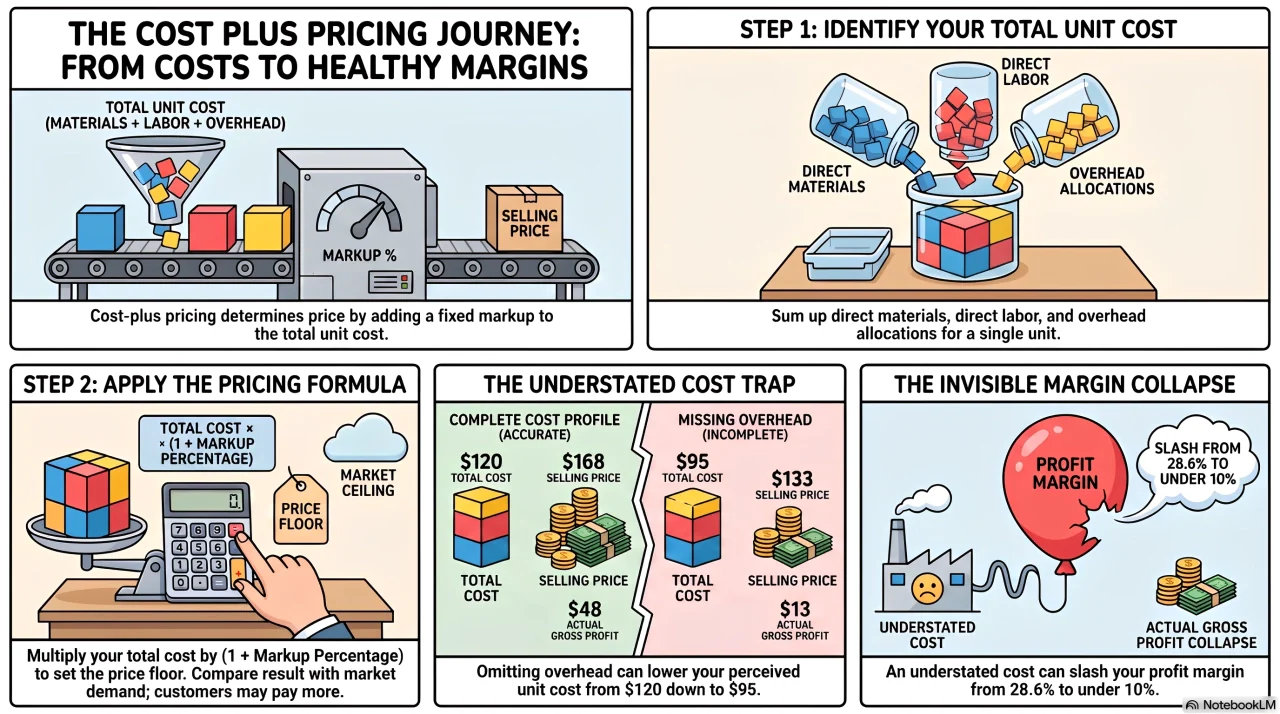 Cost plus pricing formula showing how total costs and markup percentages determine the final selling price.