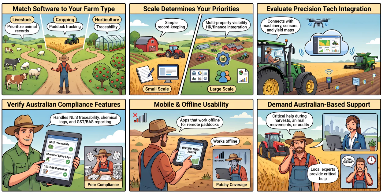 Farm management software selection guide infographic