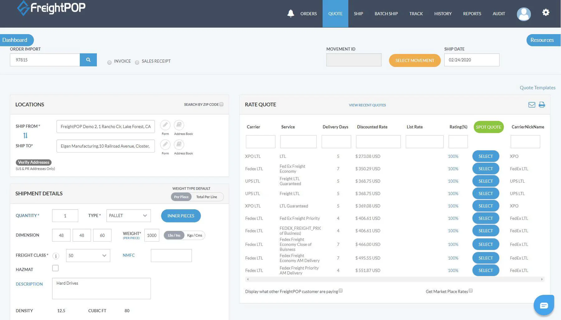 FreightPOP dashboard