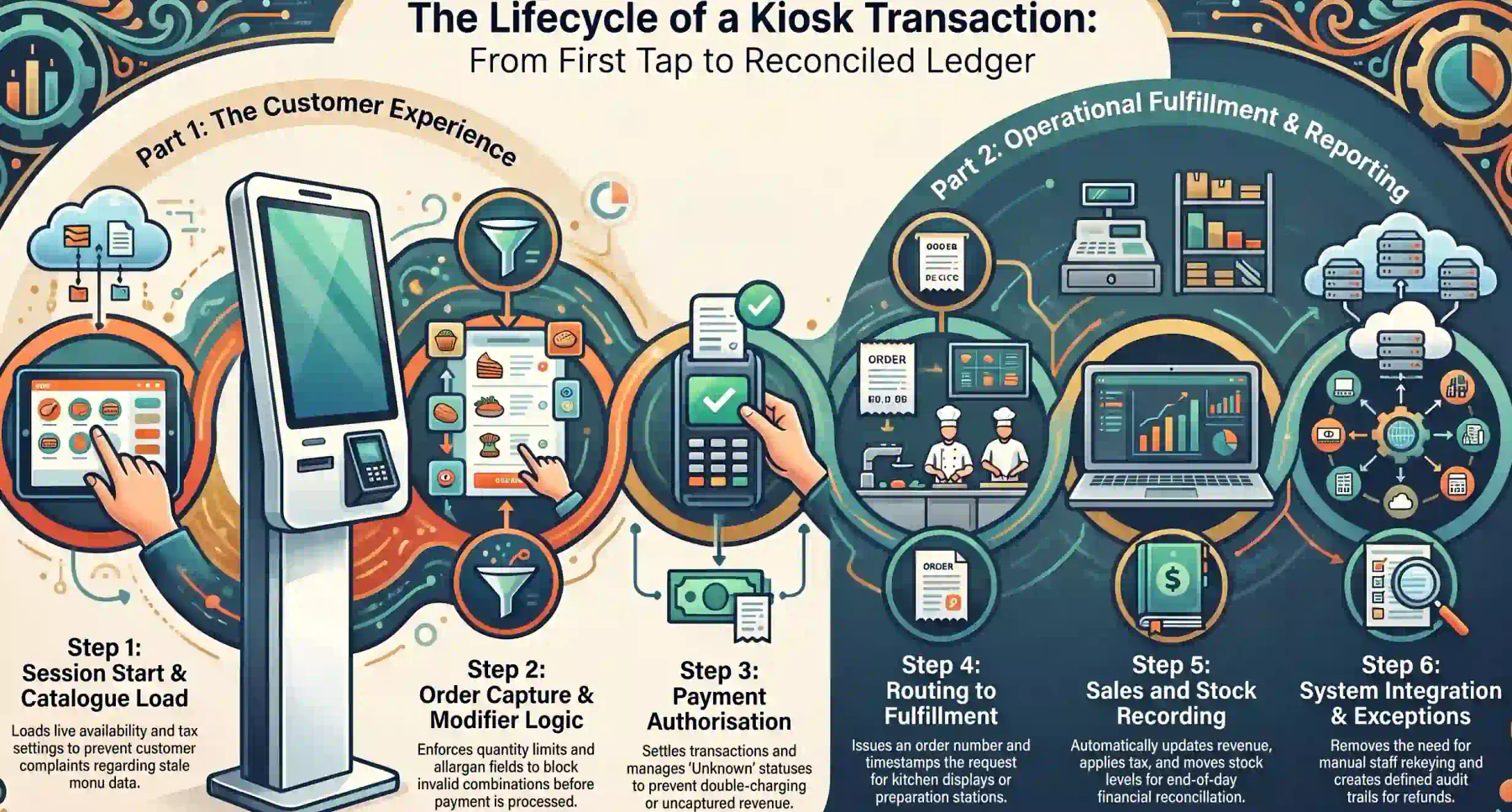 how a self service kiosk transaction moves through your operation