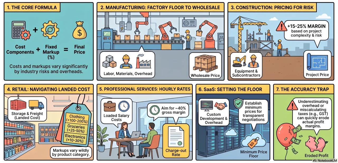 Infographic comparing cost plus pricing applications across manufacturing, construction, retail, professional services, and software industries.