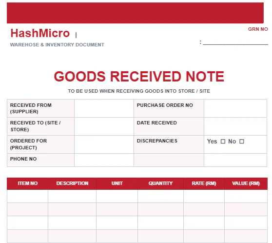Template Goods Received Note