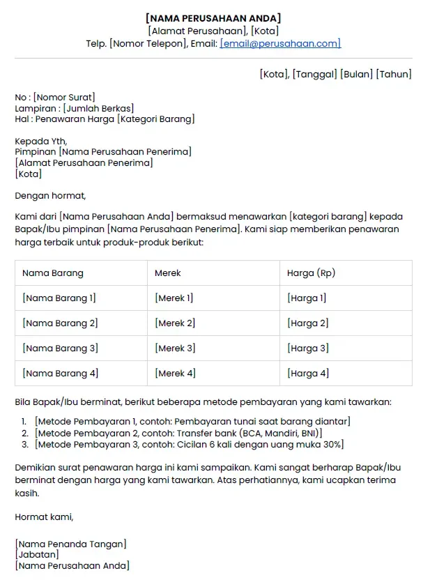 template surat penawaran harga barang