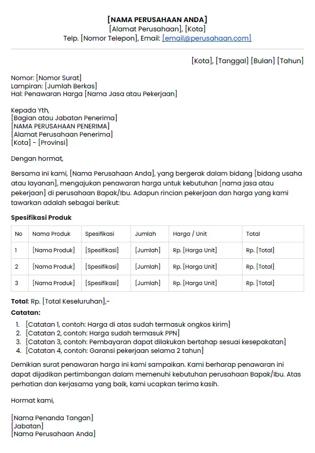 template surat penawaran harga jasa
