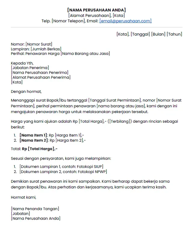 contoh surat penawaran harga sederhana