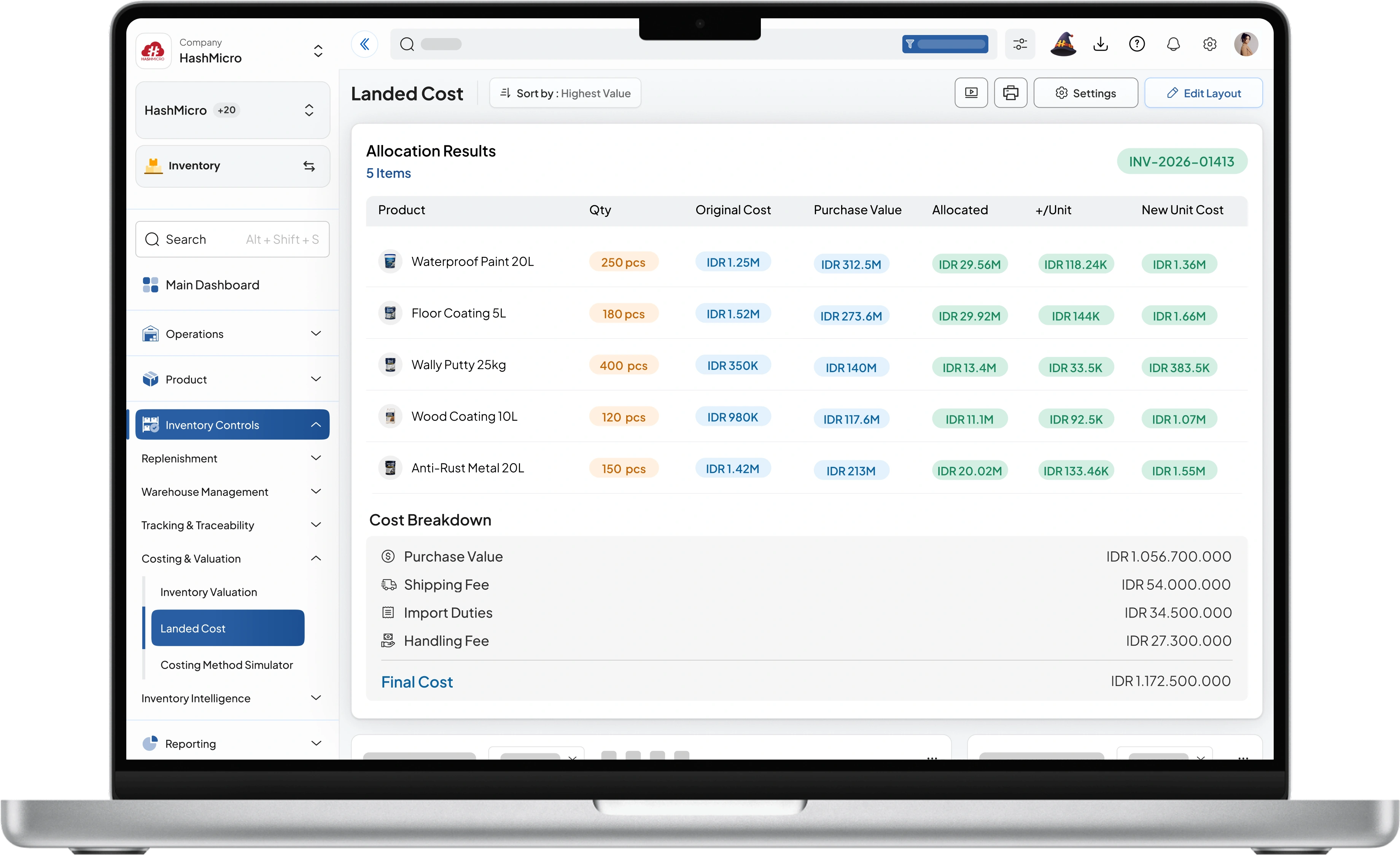 Dashboard sistem inventory HashMicro untuk Alokasi Landed Cost