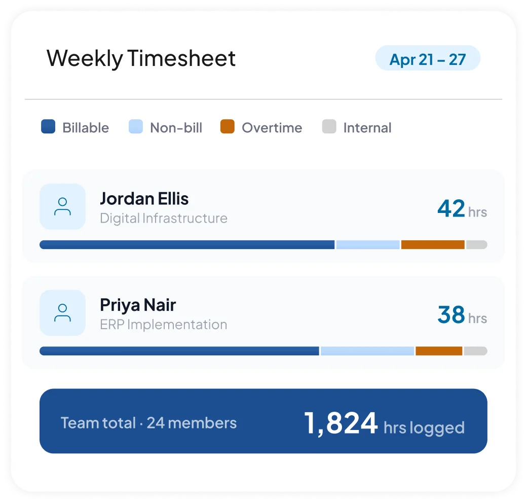 Timesheet management interface for professional services