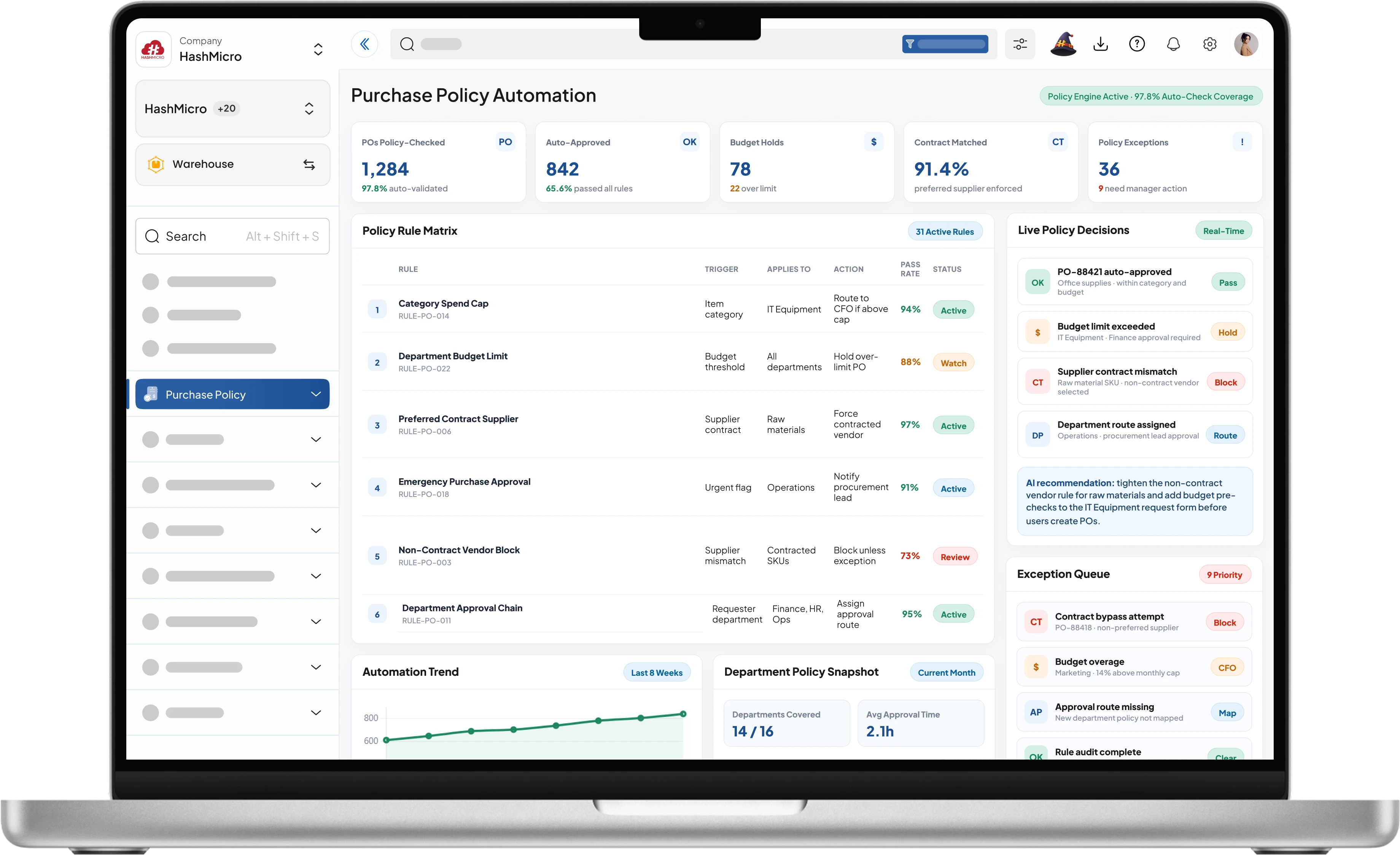 Purchase policy automation dashboard