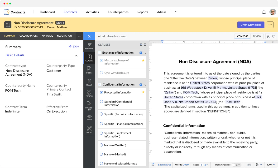 Example of Zoho contract management dashboard